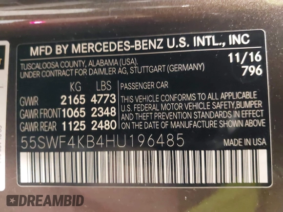 2017 Mercedes-Benz C 300 with VIN 55SWF4KB4HU196485, listed as a IAAI auction lot 42096379 with 71,167 mi miles and . Bid and sale history available at carsss.com. Image 9.