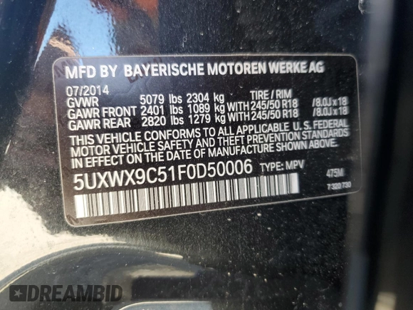 2015 BMW X3 xDrive28i with VIN 5UXWX9C51F0D50006, listed as a Copart auction lot 55312035 with 158,404 mi miles and Clean Title. Bid and sale history available at DreamBid. Image 12.