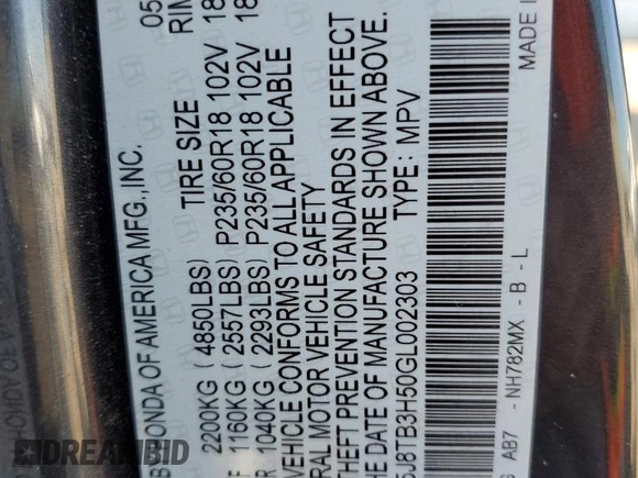 2016 Acura RDX Technology with VIN 5J8TB3H50GL002303, listed as a Copart auction lot 46504985 with 93,210 mi miles and Salvage Title. Bid and sale history available at DreamBid. Image 13.