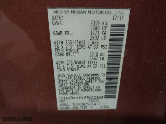 2015 Nissan Murano S with VIN 5N1AZ2MHXFN292009, listed as a IAAI auction lot 41531650 with 49,560 mi miles. Bid and sale history available at carsss.com. Image 18.