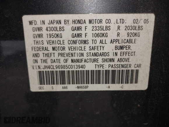 2005 Acura TSX with VIN JH4CL96985C013940, listed as a IAAI auction lot 37887960 with 182,482 mi miles and . Bid and sale history available at DreamBid. Image 9.
