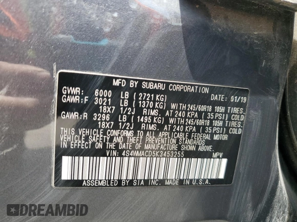 2019 Subaru Ascent Premium with VIN 4S4WMACD5K3453255, listed as a Copart auction lot 58798535 with 88,123 mi miles and Salvage title. Bid and sale history available at DreamBid. Image 14.