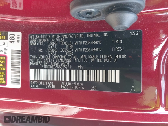 2022 Toyota Sienna LE с VIN 5TDKRKEC7NS095271, выставлен на аукционе IAAI как лот 41998721 с пробегом 37 014 миль миль и . История ставок и продаж доступна на DreamBid. Изображение 9.