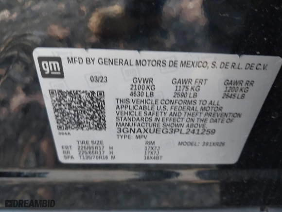 2023 Chevrolet Equinox LT with VIN 3GNAXUEG3PL241259, listed as a IAAI auction lot 40833921 with 34,057 mi miles. Bid and sale history available at carsss.com. Image 9.