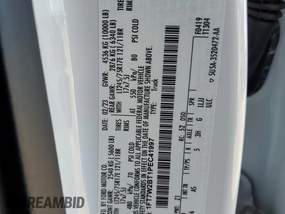 2023 Ford F-250 XL with VIN 1FT7W2BT1PEC41997, listed as a Copart auction lot 43519725 with 50,496 mi miles and Salvage Title. Bid and sale history available at DreamBid. Image 14.