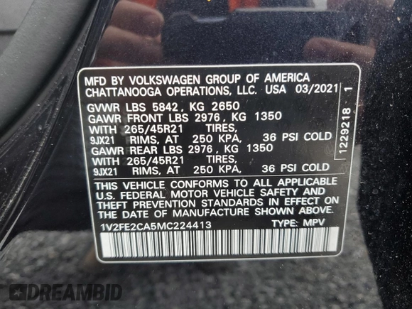 2021 Volkswagen Atlas SEL Premium R-Line with VIN 1V2FE2CA5MC224413, listed as a Copart auction lot 87508645 with 39,186 mi miles and Salvage title. Bid and sale history available at DreamBid. Image 13.