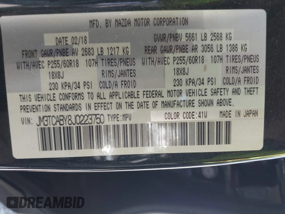 2018 Mazda CX-9 Sport with VIN JM3TCABY8J0223750, listed as a IAAI auction lot 42155429 with 133,543 mi miles and . Bid and sale history available at DreamBid. Image 9.