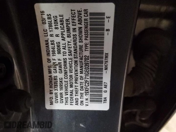 2016 Honda Civic Sedan EX with VIN 19XFC2F71GE039702, listed as a Copart auction lot 50177245 with 229,162 mi miles and Salvage Title. Bid and sale history available at carsss.com. Image 12.