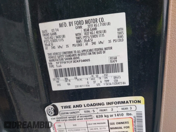 2014 Ford F-150 XL z VIN 1FTFW1CF3EKF04665, wystawiony jako IAAI lot #42685060 z przebiegiem 208 300 mil mil oraz . Historia ofert i sprzedaży dostępna na DreamBid. Obrazek 9.