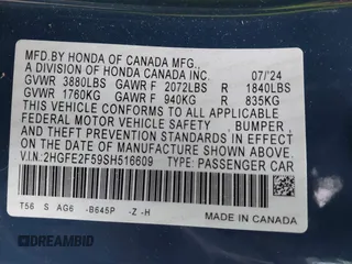 2025 Honda Civic Sport with VIN 2HGFE2F59SH516609, listed as a IAAI auction lot 41978455 with 10,356 mi miles and . Bid and sale history available at carsss.com. Image 9.
