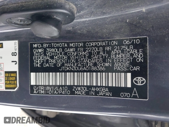 2010 Toyota Prius II with VIN JTDKN3DU6A0188386, listed as a IAAI auction lot 41412700 with 245,995 mi miles. Bid and sale history available at carsss.com. Image 9.