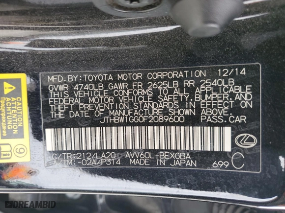 2015 Lexus ES 300h Hybrid with VIN JTHBW1GG0F2089600, listed as a Copart auction lot 49109673 with 130,158 mi miles. Bid and sale history available at carsss.com. Image 13.