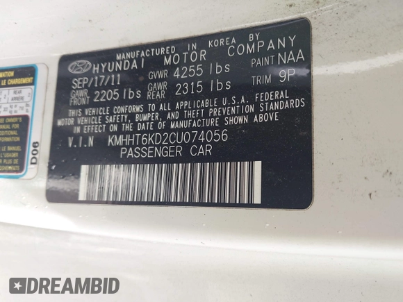 2012 Hyundai Genesis Coupe 2.0T with VIN KMHHT6KD2CU074056, listed as a IAAI auction lot 42491611 with 181,370 mi miles and . Bid and sale history available at DreamBid. Image 9.