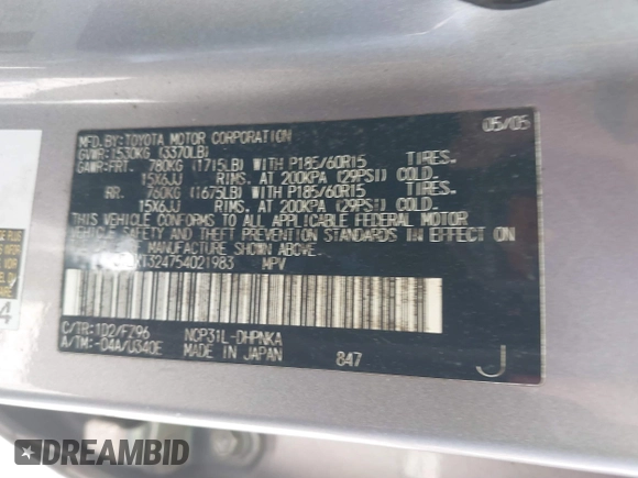 2005 Scion xB with VIN JTLKT324754021983, listed as a IAAI auction lot 41869779 with Not Provided miles and . Bid and sale history available at DreamBid. Image 9.