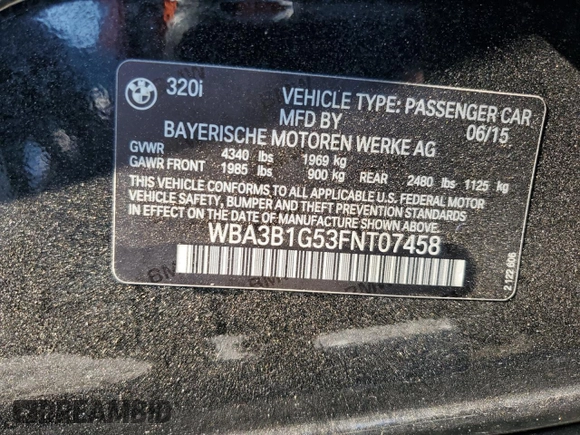 2015 BMW 3 Series 320i with VIN WBA3B1G53FNT07458, listed as a Copart auction lot 52850055 with 138,033 mi miles and Salvage Title. Bid and sale history available at carsss.com. Image 12.