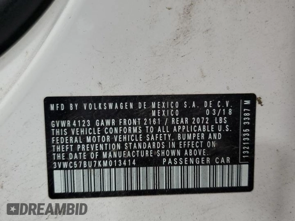 2019 Volkswagen Jetta S с VIN 3VWC57BU7KM013414, выставлен на аукционе Copart как лот 57952695 с пробегом 105 177 миль миль и Списание • Salvage title. История ставок и продаж доступна на DreamBid. Изображение 12.