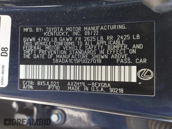 2023 Lexus ES with VIN 58ADA1C19PU027018, listed as a IAAI auction lot 42013458 with 20,861 mi miles. Bid and sale history available at carsss.com. Image 9.