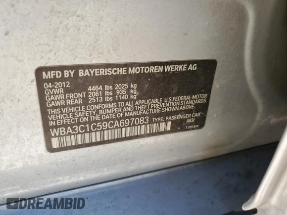 2012 BMW 3 Series 328i with VIN WBA3C1C59CA697083, listed as a Copart auction lot 51600745 with 138,668 mi miles and Salvage title. Bid and sale history available at DreamBid. Image 14.