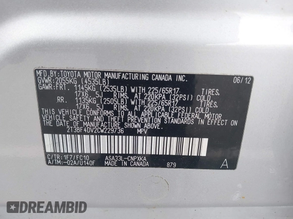 2012 Toyota RAV4 с VIN 2T3BF4DV2CW229736, выставлен на аукционе IAAI как лот 42422948 с пробегом 168 959 миль миль и . История ставок и продаж доступна на DreamBid. Изображение 9.