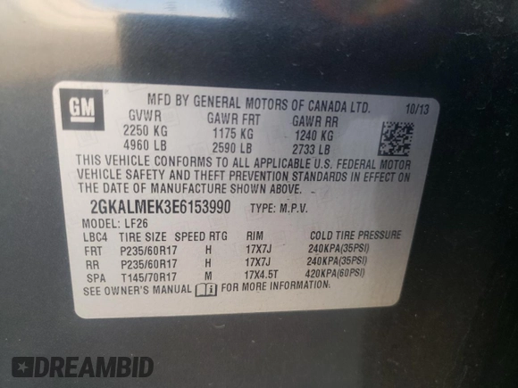 2014 GMC Terrain SLE z VIN 2GKALMEK3E6153990, wystawiony jako Copart lot #43324215 z przebiegiem 185 372 mil mil oraz Szkoda całkowita • Salvage title. Historia ofert i sprzedaży dostępna na DreamBid. Obrazek 13.