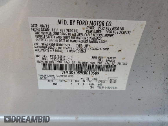 2014 Ford Flex Limited z VIN 2FMGK5D89EBD10509, wystawiony jako Copart lot #57614265 z przebiegiem 174 650 mil mil oraz Szkoda całkowita • Salvage title. Historia ofert i sprzedaży dostępna na DreamBid. Obrazek 14.