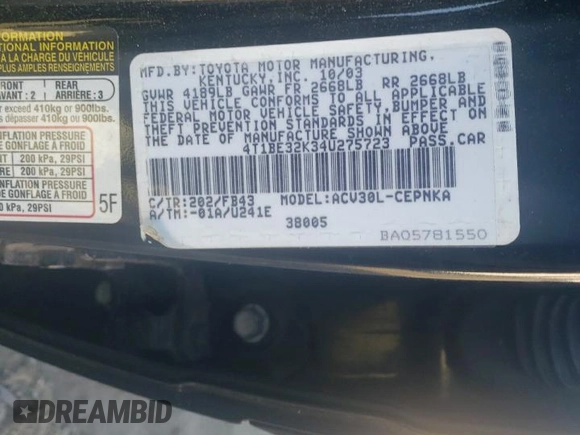 2004 Toyota Camry LE with VIN 4T1BE32K34U275723, listed as a Copart auction lot 41463765 with 150,525 mi miles and Non Repairable. Bid and sale history available at carsss.com. Image 24.