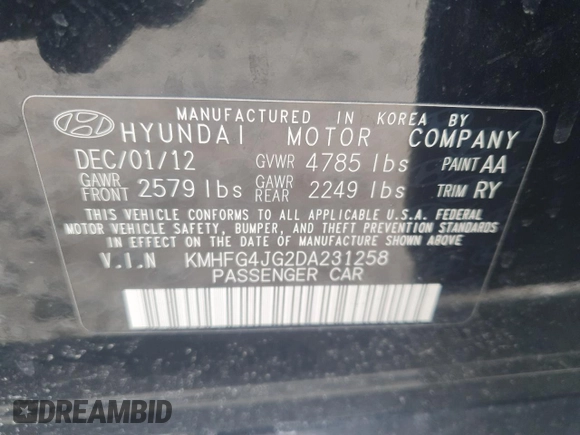 2013 Hyundai Azera with VIN KMHFG4JG2DA231258, listed as a Copart auction lot 51114855 with 180,352 mi miles and Salvage title. Bid and sale history available at DreamBid. Image 12.