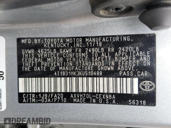 2019 Toyota Camry Hybrid LE z VIN 4T1B31HK3KU510488, wystawiony jako Copart lot #58350495 z przebiegiem 109 974 mil mil oraz Szkoda całkowita • Salvage title. Historia ofert i sprzedaży dostępna na DreamBid. Obrazek 12.