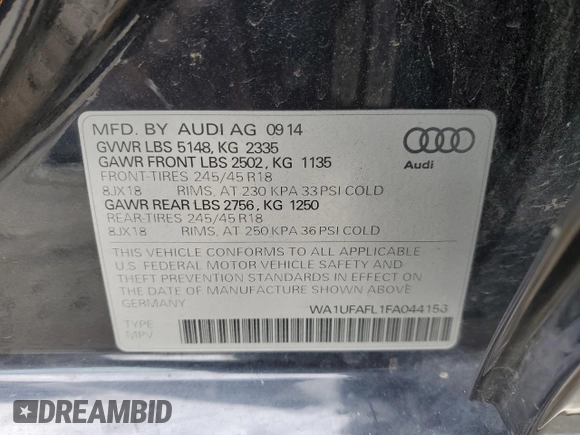 2015 Audi allroad Premium Plus with VIN WA1UFAFL1FA044156, listed as a Copart auction lot 74196164 with 53,854 mi miles and Salvage Title. Bid and sale history available at carsss.com. Image 13.