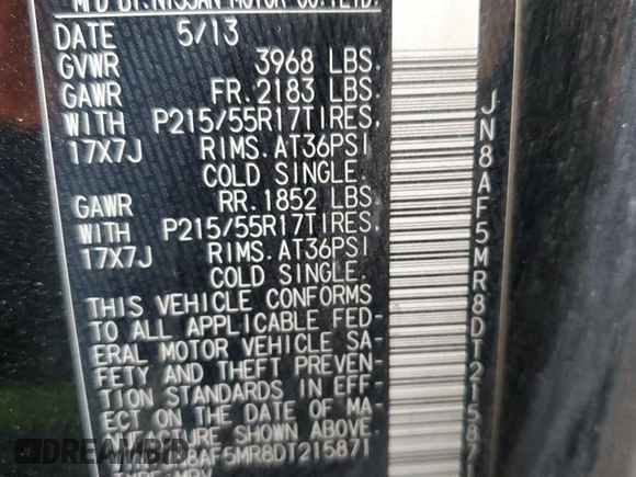 2013 Nissan Juke S with VIN JN8AF5MR8DT215871, listed as a Copart auction lot 52045335 with 135,185 mi miles and Salvage Title. Bid and sale history available at carsss.com. Image 12.