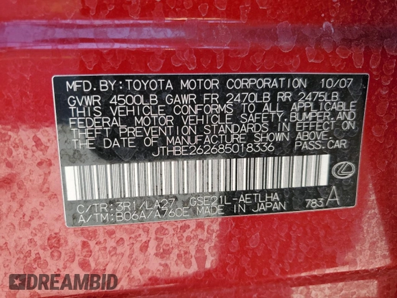 2008 Lexus IS 350 with VIN JTHBE262685018336, listed as a Copart auction lot 52635385 with 144,233 mi miles and Salvage title. Bid and sale history available at DreamBid. Image 14.