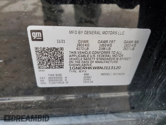 2022 Chevrolet Traverse LT z VIN 1GNERHKW8NJ113120, wystawiony jako Copart lot #52625205 z przebiegiem Nie podano mil oraz Szkoda całkowita • Salvage title. Historia ofert i sprzedaży dostępna na DreamBid. Obrazek 13.