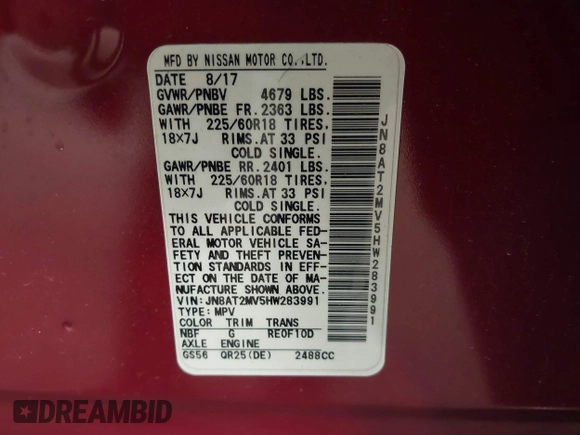 2017 Nissan Rogue S with VIN JN8AT2MV5HW283991, listed as a IAAI auction lot 42139522 with 74,344 mi miles and . Bid and sale history available at DreamBid. Image 9.