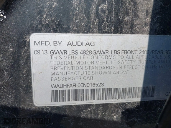 2014 Audi A4 Premium Plus with VIN WAUHFAFL0EN016523, listed as a IAAI auction lot 42456160 with 62,883 mi miles and . Bid and sale history available at DreamBid. Image 9.