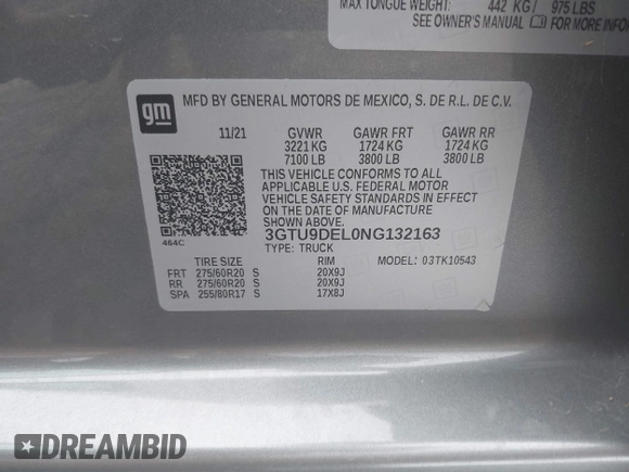 2022 GMC Sierra 1500 SLT with VIN 3GTU9DEL0NG132163, listed as a IAAI auction lot 42209503 with 44,924 mi miles and . Bid and sale history available at DreamBid. Image 9.