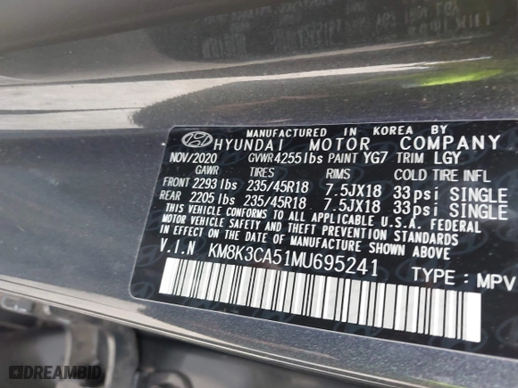 2021 Hyundai Kona Limited with VIN KM8K3CA51MU695241, listed as a IAAI auction lot 41891831 with 48,457 mi miles. Bid and sale history available at carsss.com. Image 9.