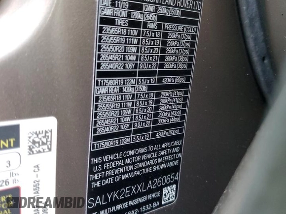 2020 Land Rover Range Rover Velar R-Dynamic S with VIN SALYK2EXXLA260654, listed as a Copart auction lot 47293565 with 27,040 mi miles and Salvage title. Bid and sale history available at DreamBid. Image 14.