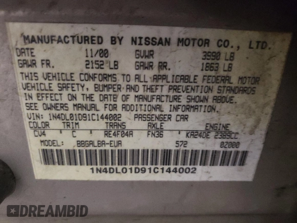 2001 Nissan Altima GXE with VIN 1N4DL01D91C144002, listed as a Copart auction lot 80976494 with 239,448 mi miles and Salvage Title. Bid and sale history available at carsss.com. Image 12.