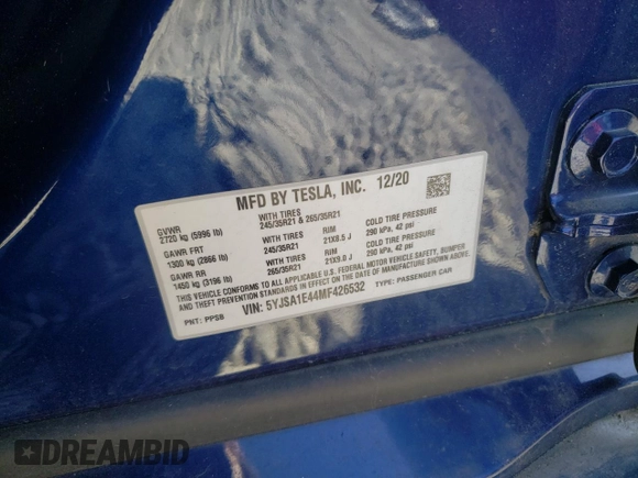 2021 Tesla Model S 75D with VIN 5YJSA1E44MF426532, listed as a Copart auction lot 56600895 with Not provided miles and Salvage title. Bid and sale history available at DreamBid. Image 12.