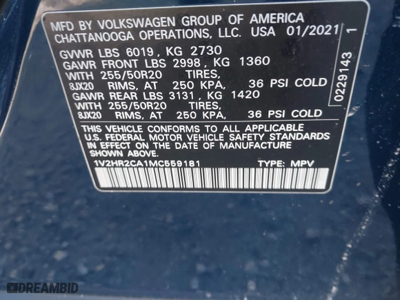2021 Volkswagen Atlas 3.6L V6 SE w/Technology with VIN 1V2HR2CA1MC559181, listed as a IAAI auction lot 41606635 with 42,890 mi miles. Bid and sale history available at carsss.com. Image 9.