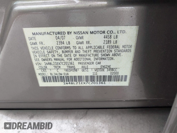 2007 Nissan Altima SL z VIN 1N4BL21EX7C201361, wystawiony jako IAAI lot #42329145 z przebiegiem 62 244 mil mil oraz . Historia ofert i sprzedaży dostępna na DreamBid. Obrazek 9.