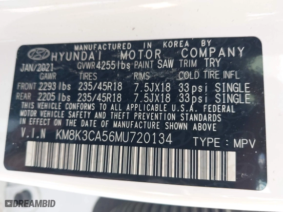 2021 Hyundai Kona Limited with VIN KM8K3CA56MU720134, listed as a IAAI auction lot 39990903 with 1 mi miles. Bid and sale history available at carsss.com. Image 9.