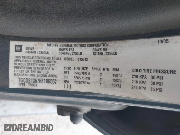 2006 Chevrolet Colorado 3LT with VIN 1GCDS136768186552, listed as a IAAI auction lot 42057085 with 129,901 mi miles and . Bid and sale history available at DreamBid. Image 9.