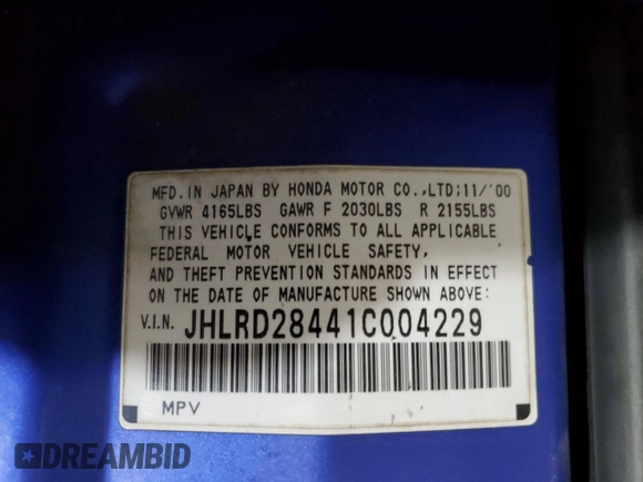 2001 Honda CR-V LX z VIN JHLRD28441C004229, wystawiony jako Copart lot #56240975 z przebiegiem 218 611 mil mil oraz Czysty tytuł • Clean title. Historia ofert i sprzedaży dostępna na DreamBid. Obrazek 13.
