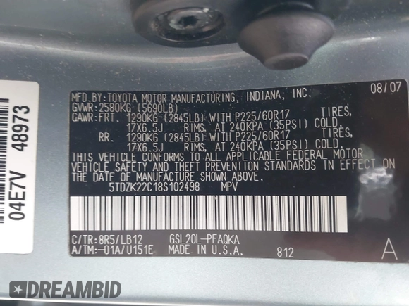 2008 Toyota Sienna XLE with VIN 5TDZK22C18S102498, listed as a IAAI auction lot 41623508 with 214,485 mi miles. Bid and sale history available at carsss.com. Image 9.