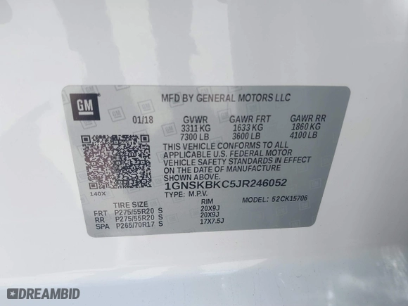 2018 Chevrolet Tahoe LT with VIN 1GNSKBKC5JR246052, listed as a IAAI auction lot 41890653 with 45,955 mi miles. Bid and sale history available at carsss.com. Image 9.