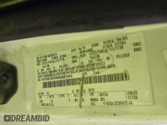 2010 Ford Econoline Cargo Commercial with VIN 1FTNE1EWXADA91492, listed as a IAAI auction lot 42707525 with 435,844 mi miles and . Bid and sale history available at DreamBid. Image 9.