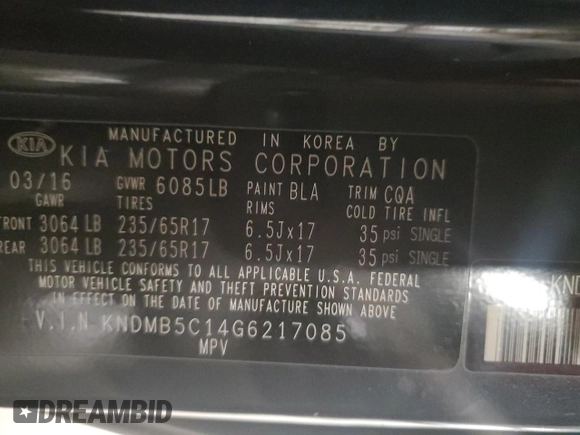 2016 Kia Sedona with VIN KNDMB5C14G6217085, listed as a Copart auction lot 51988285 with 110,939 mi miles and Salvage Title. Bid and sale history available at DreamBid. Image 13.