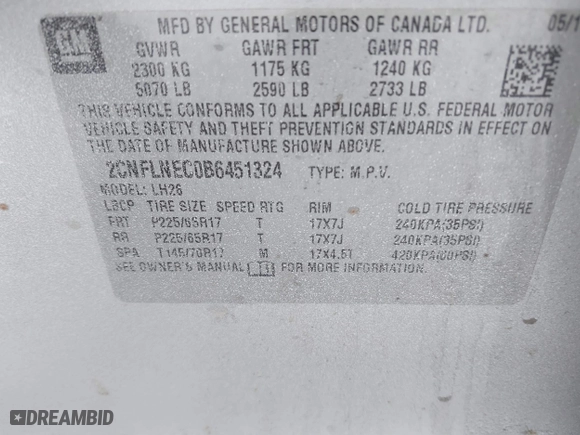 2011 Chevrolet Equinox LT w/2LT with VIN 2CNFLNEC0B6451324, listed as a IAAI auction lot 41351400 with 89,044 mi miles. Bid and sale history available at carsss.com. Image 9.
