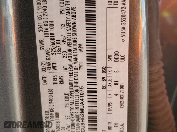 2021 Ford Escape SEL с VIN 1FMCU9H62MUA41075, выставлен на аукционе Copart как лот 53243335 с пробегом 29 209 миль миль и Списание • Salvage title. История ставок и продаж доступна на DreamBid. Изображение 14.